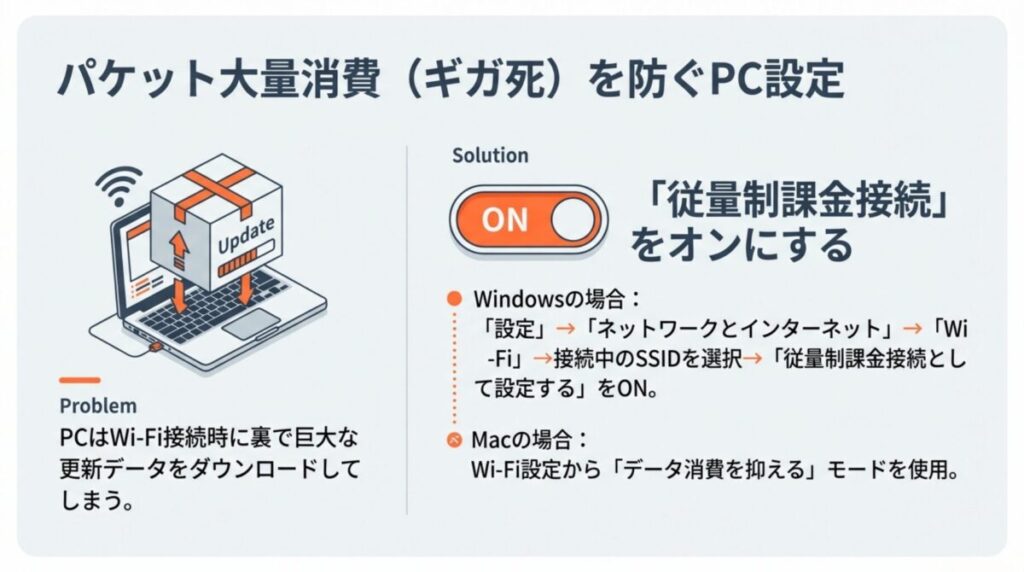 PCの自動アップデートによるパケット消費を防ぐため、Windowsの「従量制課金接続」をオンにする設定方法を解説した図解。