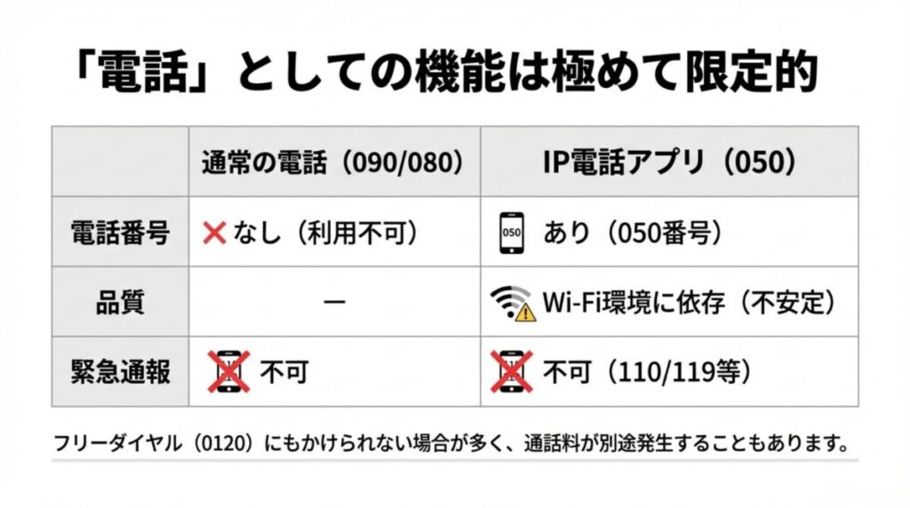 通常の電話と050番号アプリの比較表。SIMなし端末（IP電話）では、電話番号がWi-Fi依存で不安定になり、緊急通報が一切できないことを示す表 。