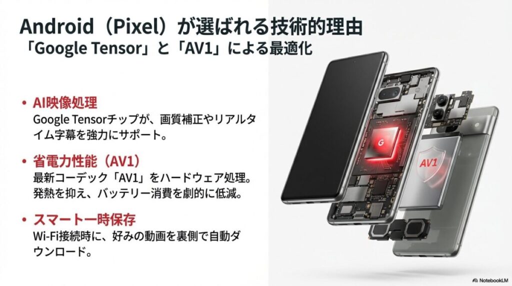 Google TensorチップによるAI映像処理とAV1コーデックによる省電力性能の解説スライド