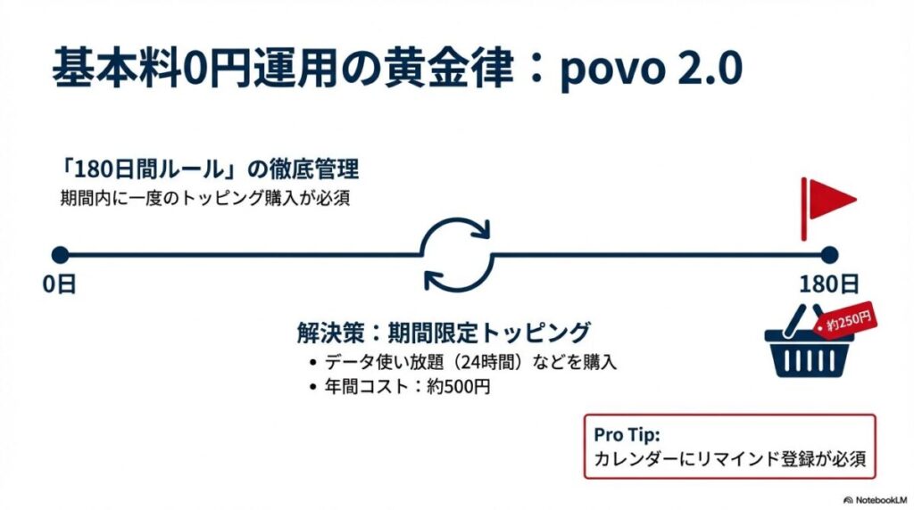 180日間ルールと期間限定トッピングの購入による年間500円維持の仕組み。