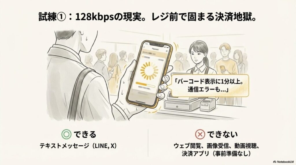 レジ前でバーコードが表示されず困っている様子と、128kbpsで「できること(LINE等)」「できないこと(動画・決済等)」のリスト。