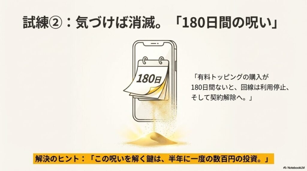 180日間有料トッピングの購入がないと利用停止・契約解除になるルールと、解決のヒントとして半年に一度の投資が必要であることを示す画像。