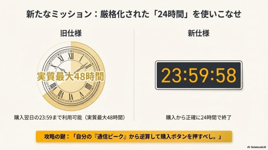 旧仕様(実質最大48時間)と新仕様(正確に24時間)の有効期限の違いを時計のイラストで比較した図。