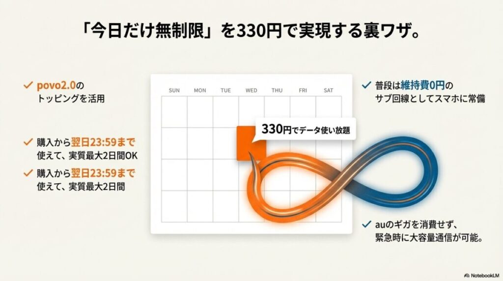 330円でデータ使い放題になるpovoのトッピングが、購入翌日の23:59まで使えて実質最大2日間利用可能であることを示すカレンダー形式の図解。