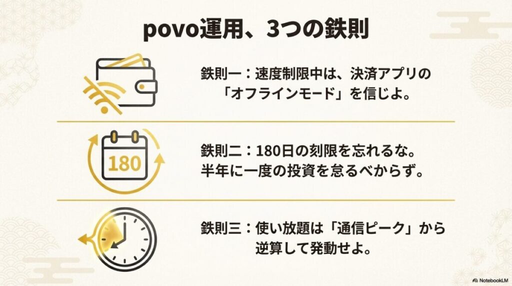 オフラインモードの活用、180日の期限遵守、通信ピークからの逆算購入という3つの鉄則のアイコン画像。