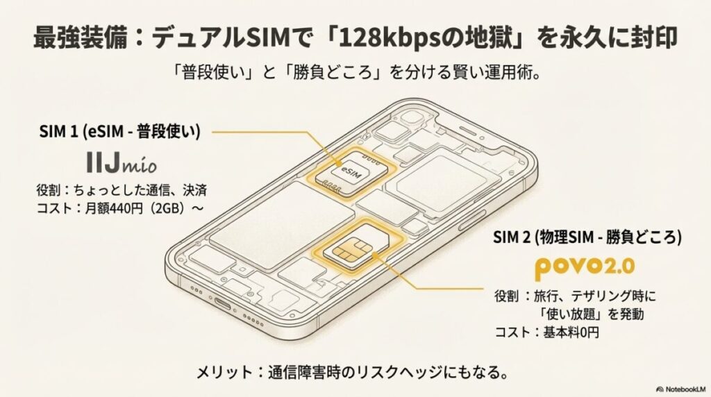 eSIM(IIJmio)を普段使い、物理SIM(povo2.0)を勝負どころの使い放題用にするデュアルSIM構成のレシピ。