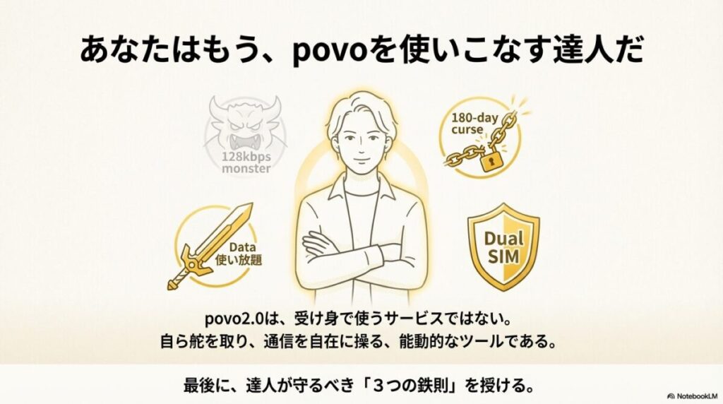 128kbps、180日ルール、使い放題、デュアルSIMの全要素をマスターしたことを示すまとめ画像。