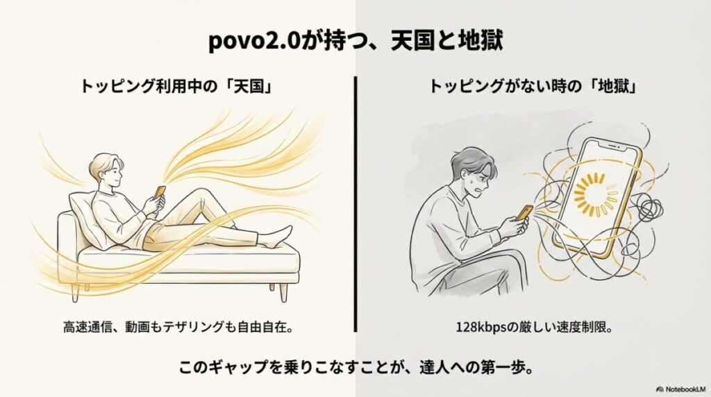 トッピング利用時の高速通信(天国)と、未利用時の128kbps制限(地獄)の差を比較したイラスト。