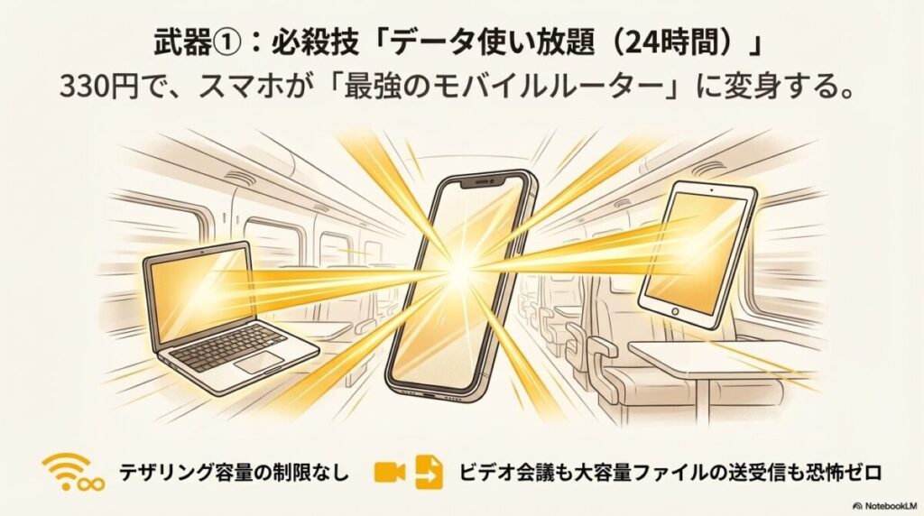 スマホからノートPCやタブレットへ高速通信が広がり、テザリング容量制限なしで最強のモバイルルーター化するイメージ。