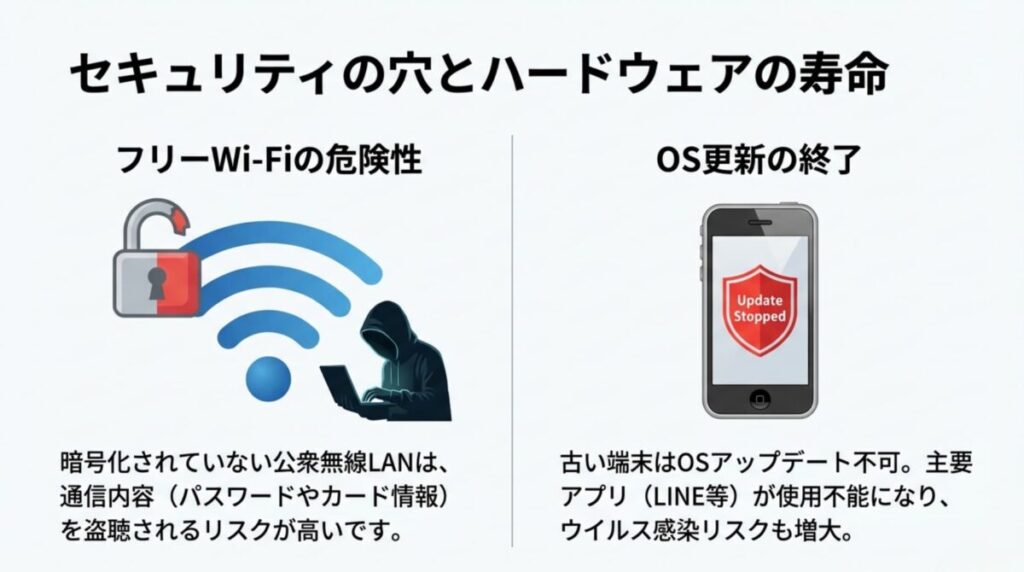 開いた南京錠とハッカーの影、および「Update Stopped」と表示され盾が赤くなったスマホのイラスト。フリーWi-Fiの危険性とOS更新終了のリスクを表現 。