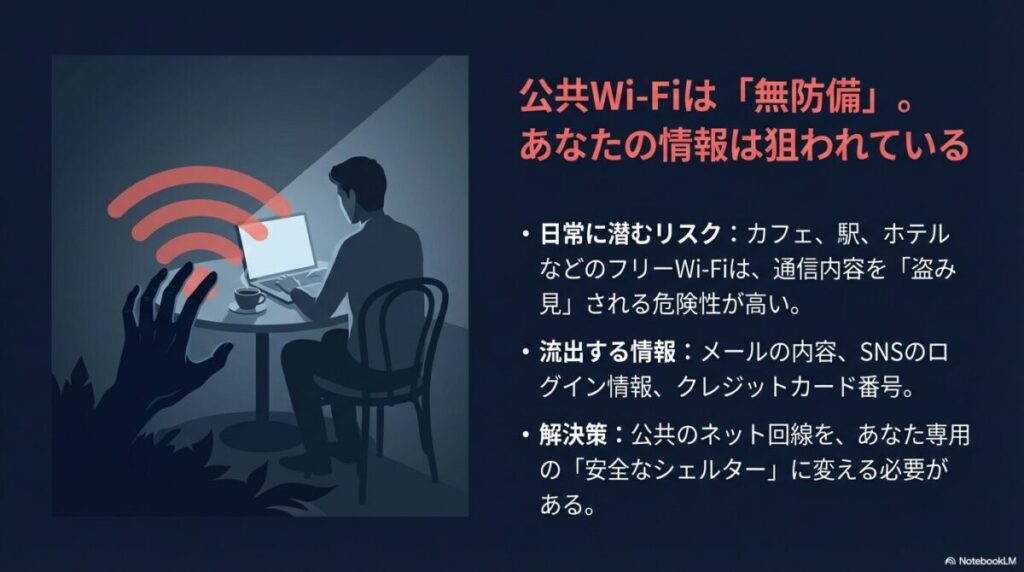 カフェや駅のフリーWi-Fiでメールやクレカ情報が盗み見られる危険性と、安全なシェルターの必要性を示す図。