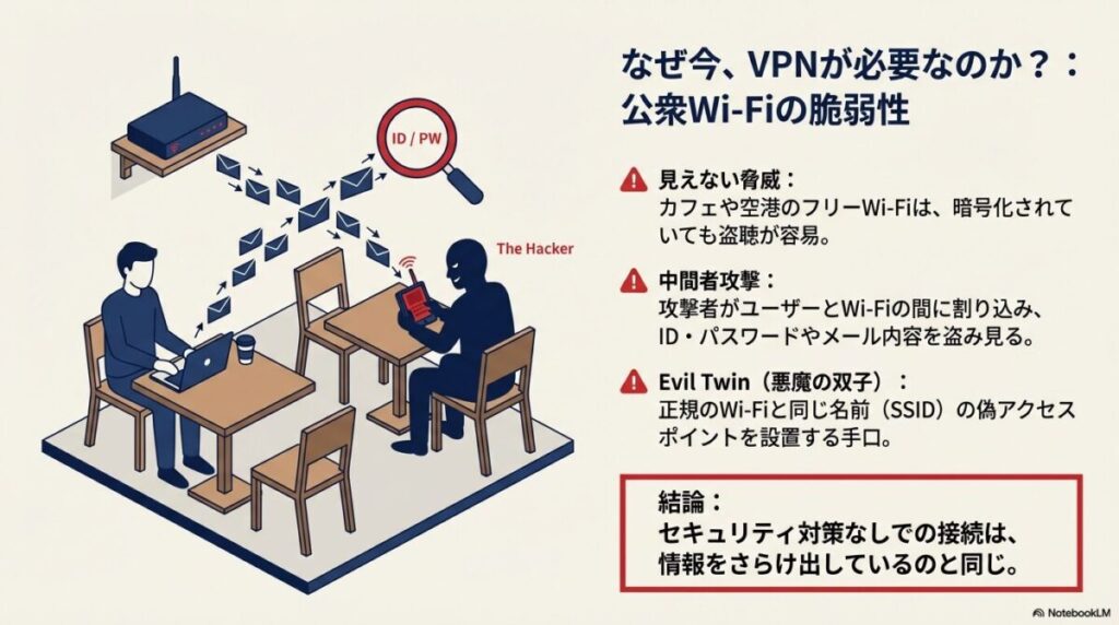 カフェなどでハッカーがユーザーの通信を傍受し、IDやパスワードを盗み見る中間者攻撃やEvil Twin(悪魔の双子)の手口を説明するイラスト。