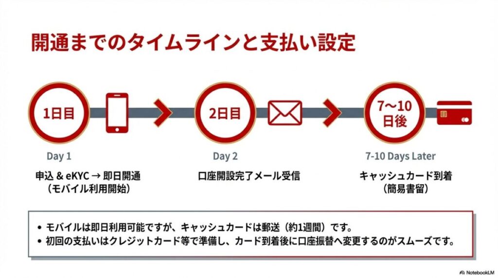 1日目に申込とeKYCで即日開通、2日目に口座開設メール、7〜10日後にキャッシュカードが到着するという一連の流れを示した図。