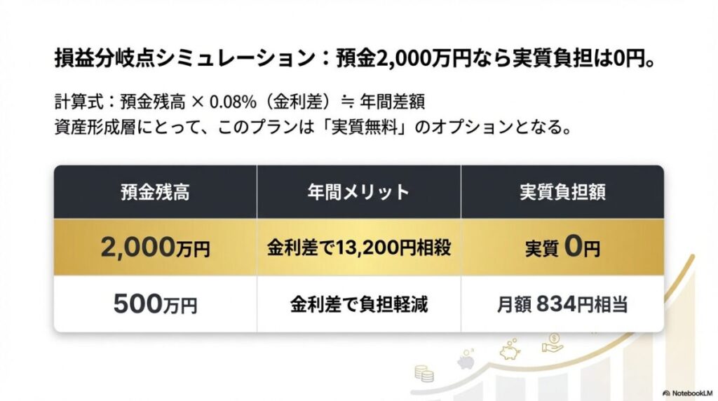 預金2,000万円なら金利差で年間13,200円が相殺され、U-NEXTプランが実質0円になる損益分岐点の表