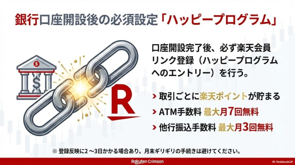 楽天会員リンク登録（ハッピープログラム）を行うことで、取引ごとにポイントが貯まり、ATM手数料や他行振込手数料が無料になるメリットの解説。