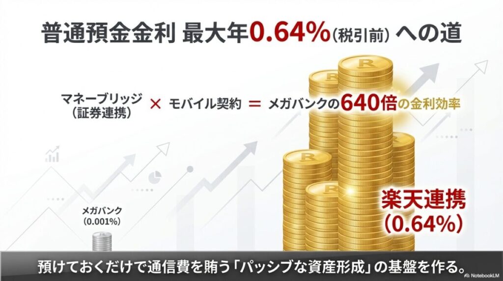 メガバンクの金利0.001%に対し、楽天モバイルとマネーブリッジ（証券連携）を活用することで最大年0.64%（税引前）という、約640倍の金利効率を実現することを示す比較図。