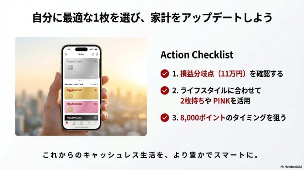 楽天カード選びのチェックリスト。損益分岐点の確認、2枚持ちの活用、キャンペーンタイミングの狙い方。