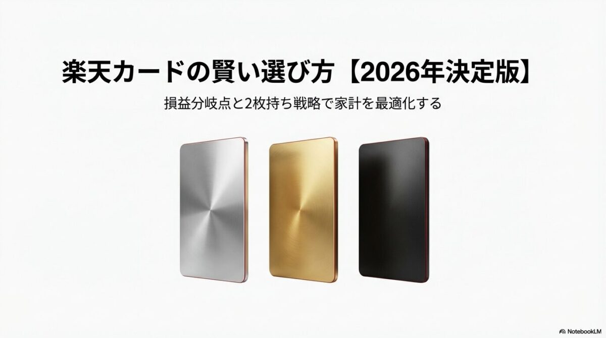 楽天カードの賢い選び方2026年決定版。損益分岐点と2枚持ち戦略で家計を最適化するスライドの表紙。