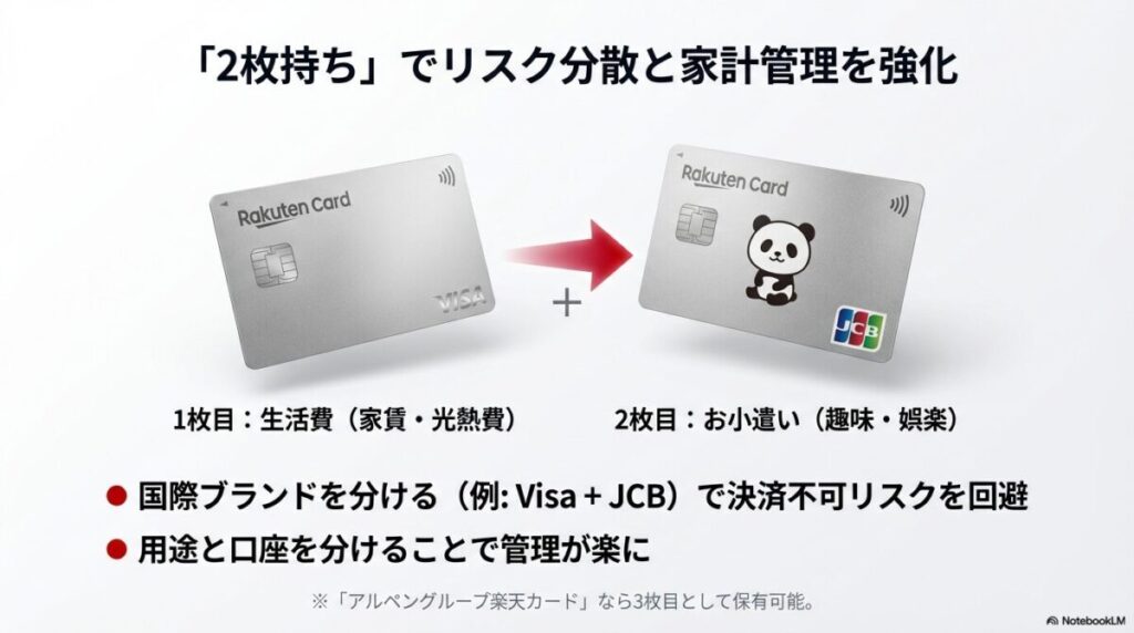 楽天カード2枚持ちのメリット。VisaとJCBで国際ブランドを分け、生活費とお小遣いの口座を分離する管理術。