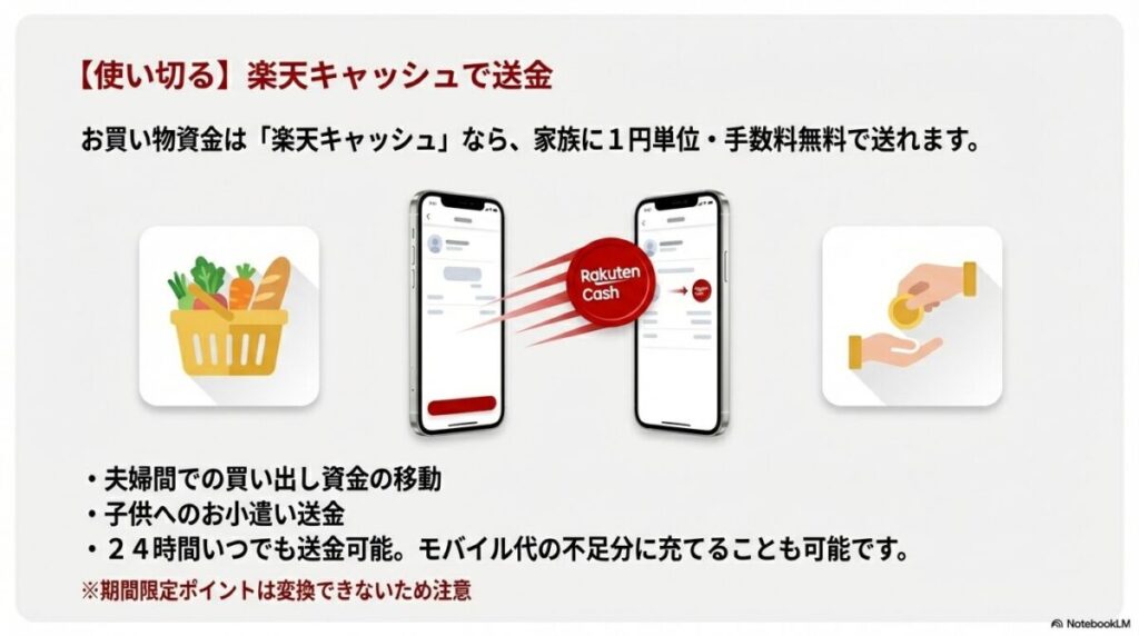 楽天キャッシュを1円単位・手数料無料で家族に送金し、買い物代やお小遣いに活用するイメージ。