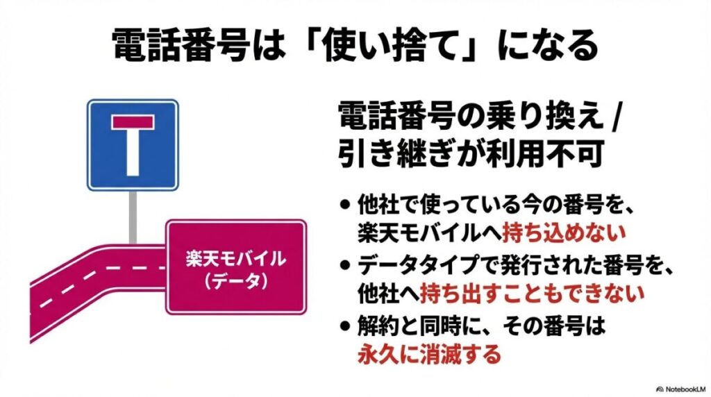 行き止まりの標識とともに、他社からの番号持ち込みも、他社への番号持ち出しもできないデータタイプの制約を説明するスライド