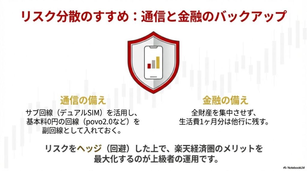 povo2.0などのサブ回線活用による通信の備えと、生活費1ヶ月分を他行に残す金融の備えによるリスク分散の提案。