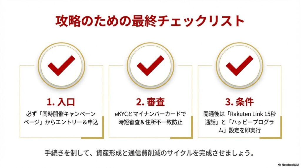 キャンペーン入口の確認、eKYCによる審査、開通後の15秒通話とハッピープログラム設定という、攻略のための3つの重要ポイントをまとめたリスト。