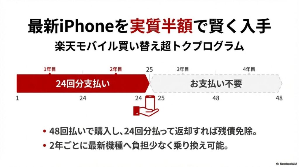 48回払いで購入し、24回分支払った後に端末を返却することで残りの支払いが不要になる、最新iPhoneを実質半額で入手できる仕組み。
