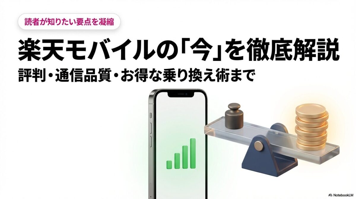 楽天モバイルの通信品質、評判、お得な乗り換え術を解説するスライドの表紙。スマホとコインの天秤のイラスト。