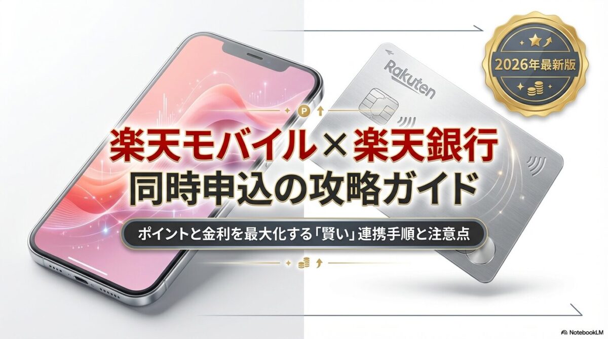 楽天モバイルと楽天銀行を同時に申し込むための攻略ガイドの表紙。2026年最新版としてポイントと金利を最大化する手順を解説する旨が記載されています