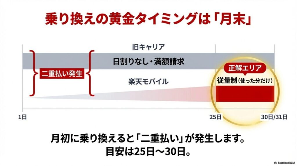 月初に乗り換えると二重払いが発生し、月末(25日〜30日頃)に乗り換えるのが最もお得であることを示す料金イメージ図。