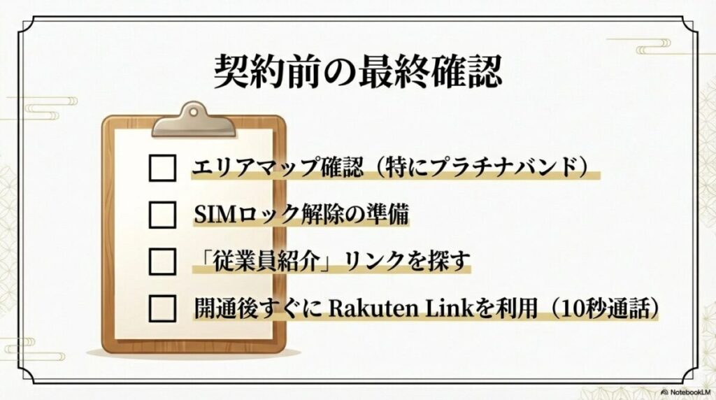 エリアマップ確認、SIMロック解除、従業員紹介リンクの準備、開通後の10秒通話など契約前の確認事項。