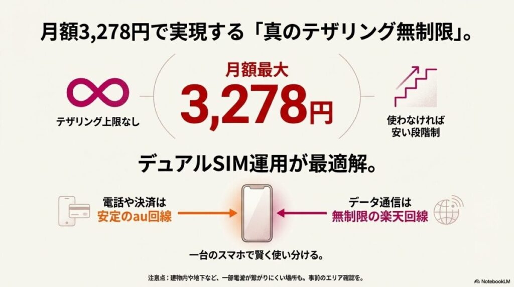 月額最大3,278円でテザリング無制限の楽天モバイルをデータ通信に使い、電話や決済は安定のau回線で行う一台二役のスマホ運用図。
