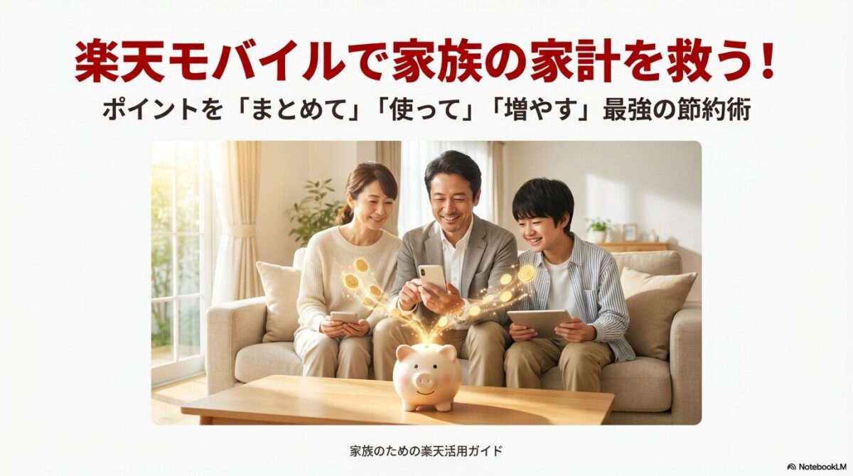 楽天モバイルとポイント活用で家族の家計を節約するイメージ画像。貯金箱とスマートフォンを持つ親子。