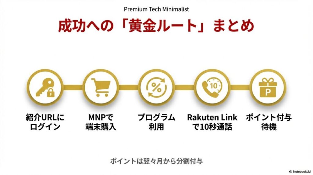 紹介URLログイン、MNPでの端末購入、Rakuten Linkでの10秒通話、ポイント付与待機という、成功へのステップをまとめたフローチャート。