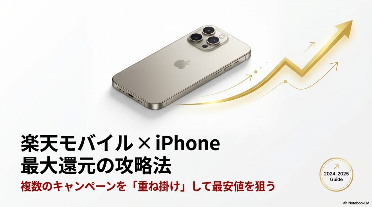 楽天モバイルとiPhoneを組み合わせて、複数のキャンペーンを重ね掛けして最安値を狙う攻略法2024-2025年版の表紙画像。