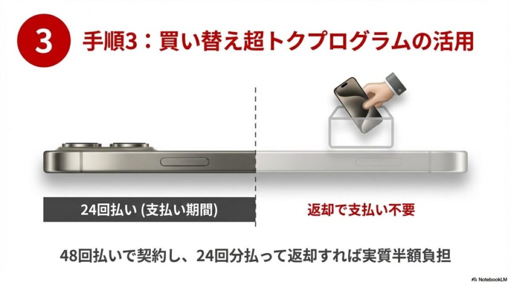 48回払いで契約し、24回分を支払った後に端末を返却することで、残りの支払いが不要になり実質半額負担となる仕組みの解説。
