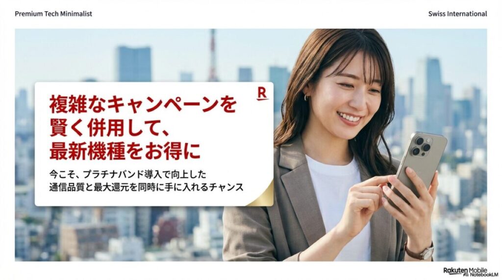 複雑なキャンペーンを賢く併用して、通信品質が向上した楽天モバイルで最新機種をお得に手に入れるチャンスを伝えるメッセージ。