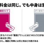 楽天モバイル最強プランには通常タイプとデータタイプの2種類があり、料金は同じ1,078円からだが中身が異なることを示すイラスト