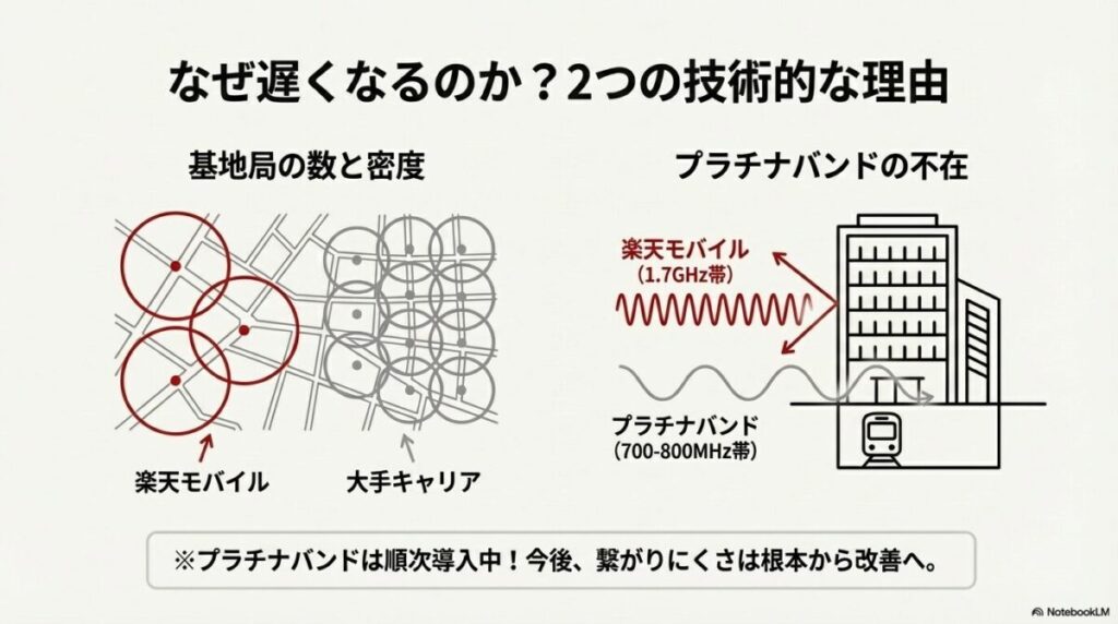 1.7GHz帯は障害物に弱いが、順次導入中のプラチナバンド（700-800MHz帯）により建物内や地下の繋がりやすさが根本改善へ。