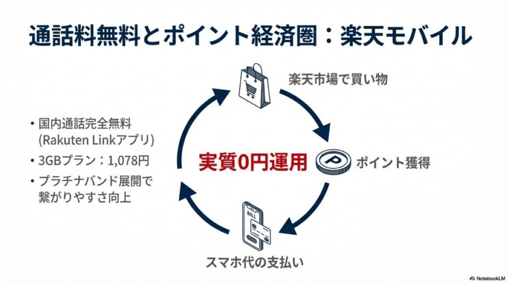 楽天市場での買い物とスマホ代支払いを循環させ、実質0円運用を実現するイメージ。