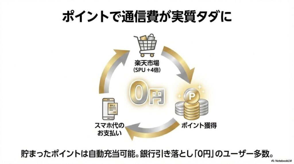 楽天市場でのSPU+4倍と、貯まったポイントをスマホ代の支払いに自動充当して実質0円にする仕組みの図解。