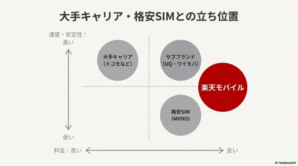通信速度・安定性と料金の相関図。楽天モバイルは料金が安く、速度・安定性は格安SIMより高くサブブランドに近い位置付け。