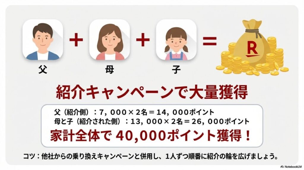 家族を紹介することで合計40,000ポイント（父・母・子の例）を獲得するシミュレーション図。