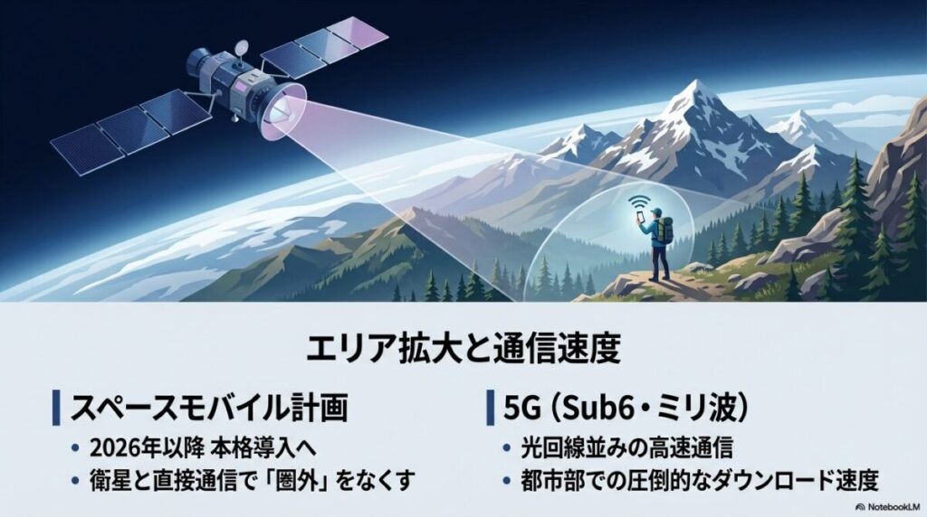 2026年以降導入予定のスペースモバイル計画。衛星通信による圏外解消と5Gによる高速通信のイメージ。
