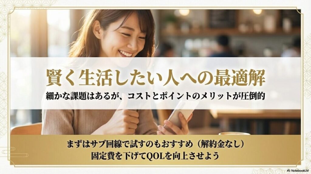 コストとポイントのメリットを強調し、サブ回線からの開始を推奨するまとめスライド。