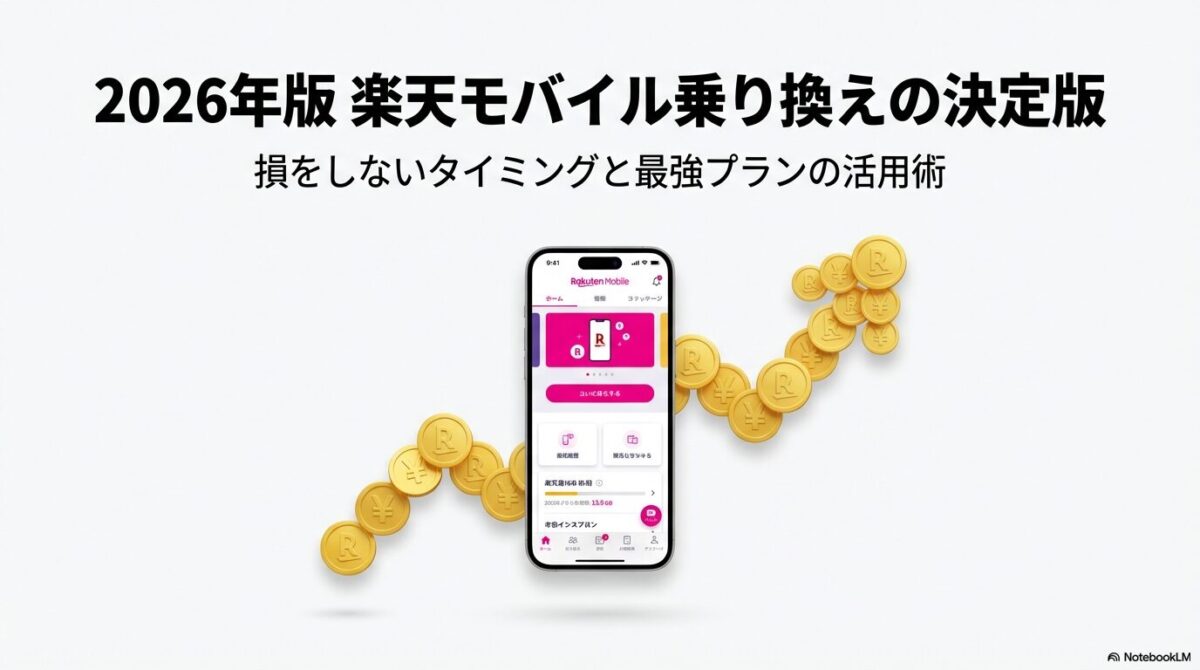 2026年版の楽天モバイル乗り換え決定版スライド。損をしないタイミングと最強プラン活用術のタイトル 。