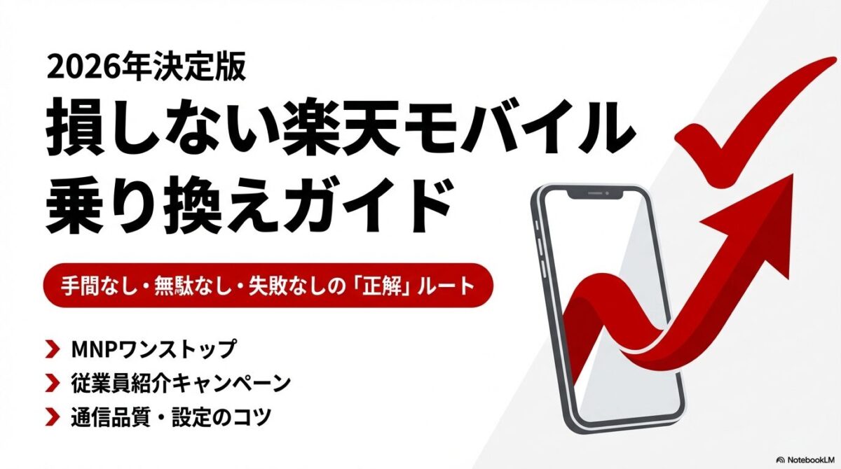 2026年決定版、損しない楽天モバイル乗り換えガイドのスライド表紙。MNPワンストップや従業員紹介キャンペーン対応。