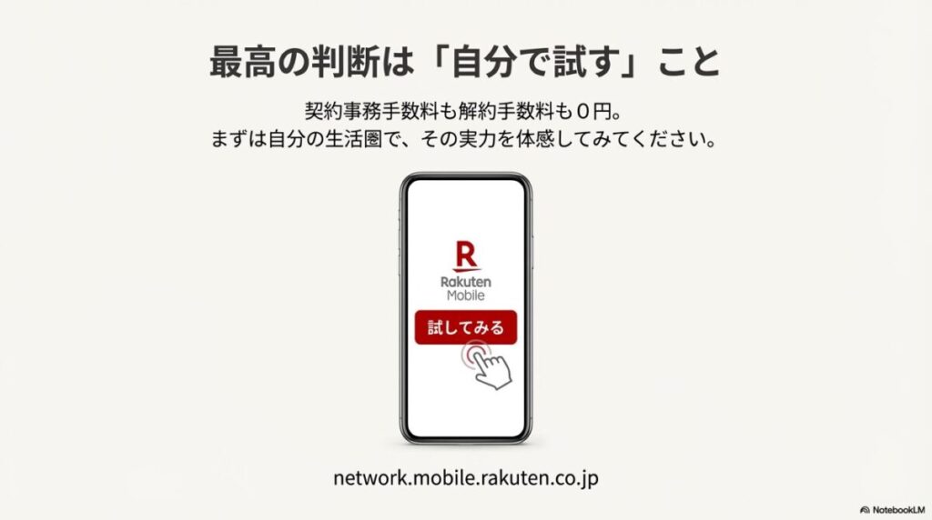 契約・解約手数料0円。まずは自分の生活圏で楽天モバイルの実力を体感してみることを推奨。