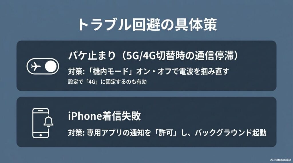 パケ止まり対策の機内モードON/OFFや、iPhoneのRakuten Linkアプリ通知設定、バックグラウンド起動の推奨。